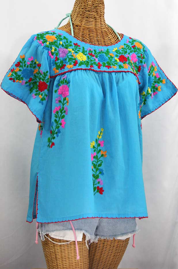 "La Lijera" Embroidered Peasant Blouse Mexican Style -Aqua + Rainbow