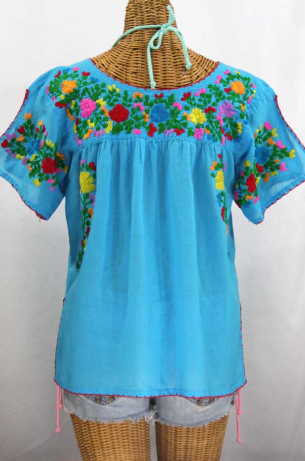 "La Lijera" Embroidered Peasant Blouse Mexican Style -Aqua + Rainbow