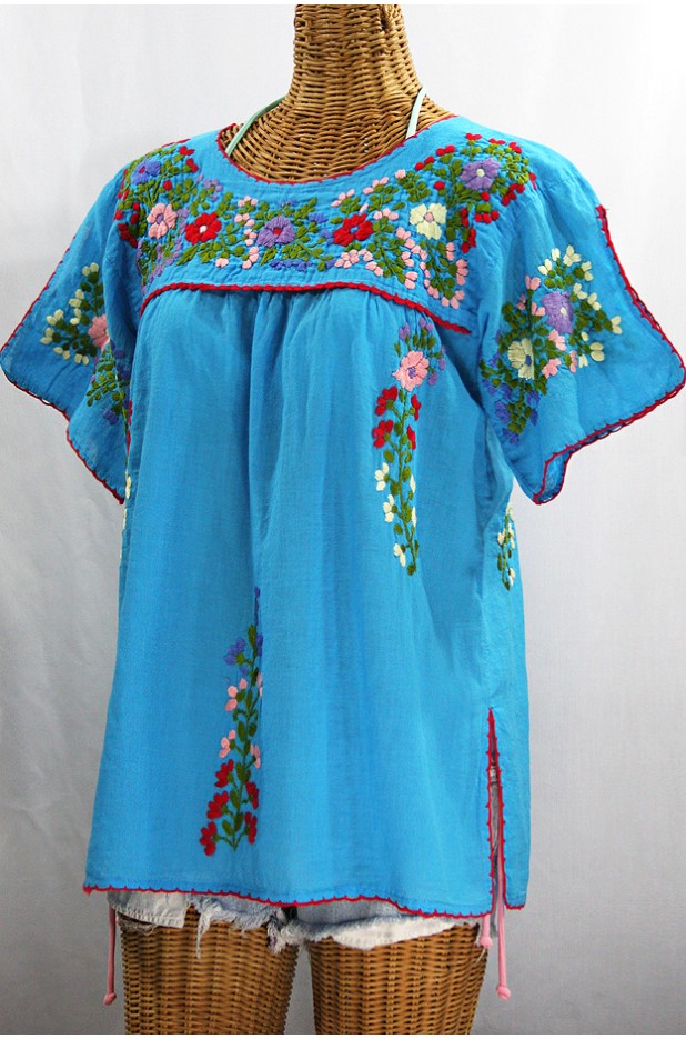 "La Lijera" Embroidered Mexican Peasant Top Blouse -Aqua + Multi