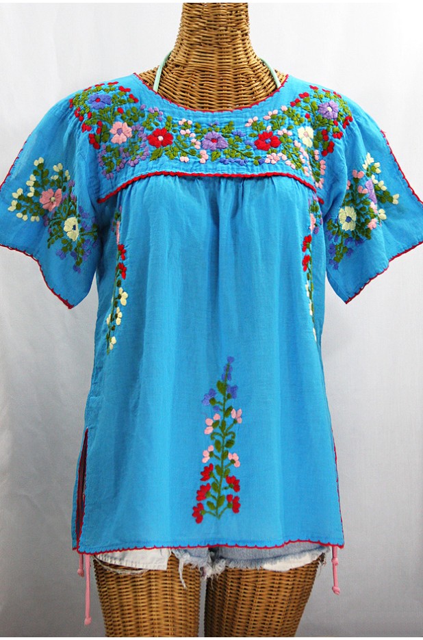 "La Lijera" Embroidered Mexican Peasant Top Blouse -Aqua + Multi