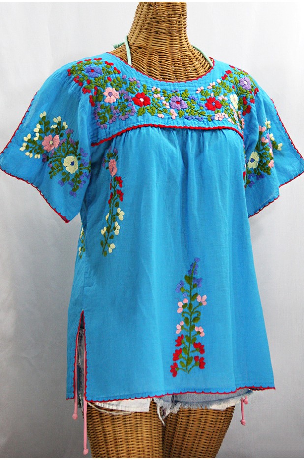"La Lijera" Embroidered Mexican Peasant Top Blouse -Aqua + Multi