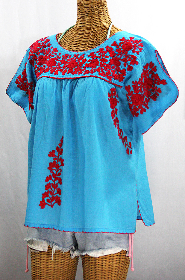 "Lijera" Embroidered Mexican Style Peasant Top Blouse -Aqua + Red