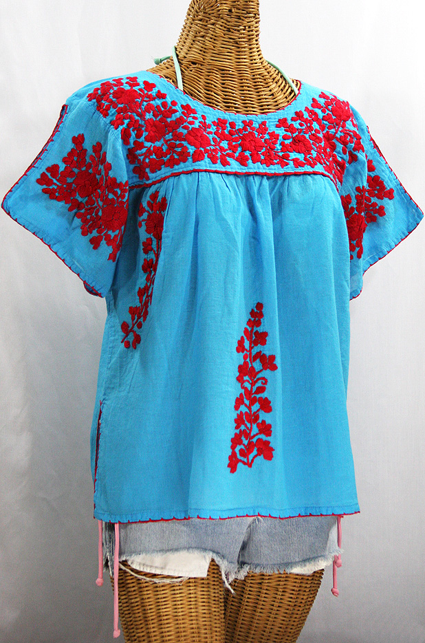 FINAL SALE -- "Lijera" Embroidered Mexican Style Peasant Top Blouse -Aqua + Red