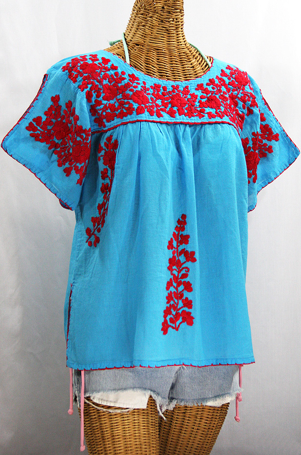 "Lijera" Embroidered Mexican Style Peasant Top Blouse -Aqua + Red