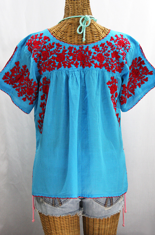 FINAL SALE -- "Lijera" Embroidered Mexican Style Peasant Top Blouse -Aqua + Red