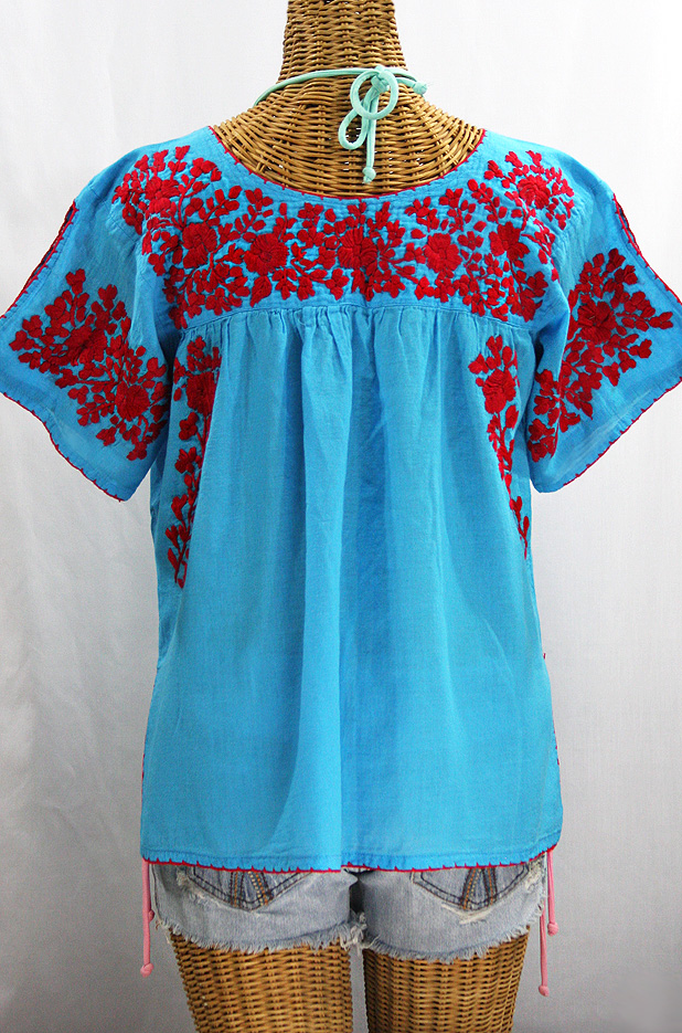 "Lijera" Embroidered Mexican Style Peasant Top Blouse -Aqua + Red