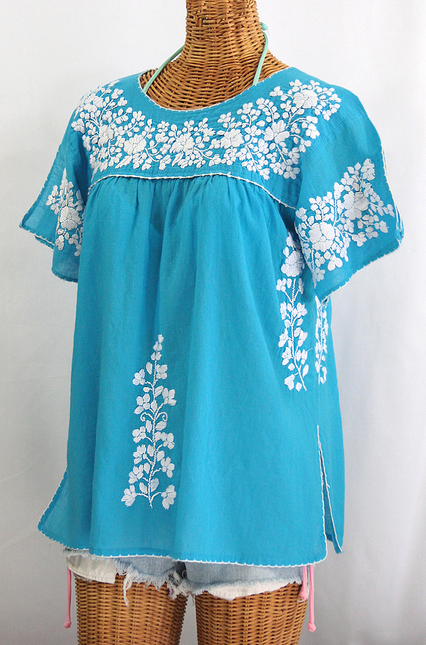 "La Lijera" Embroidered Peasant Blouse Mexican Style -Aqua + White