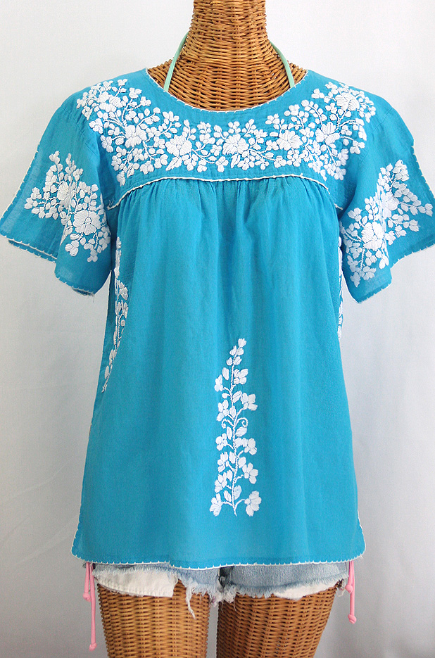 "La Lijera" Embroidered Peasant Blouse Mexican Style -Aqua + White