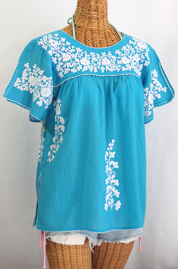 "La Lijera" Embroidered Peasant Blouse Mexican Style -Aqua + White