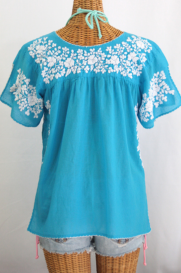 "La Lijera" Embroidered Peasant Blouse Mexican Style -Aqua + White