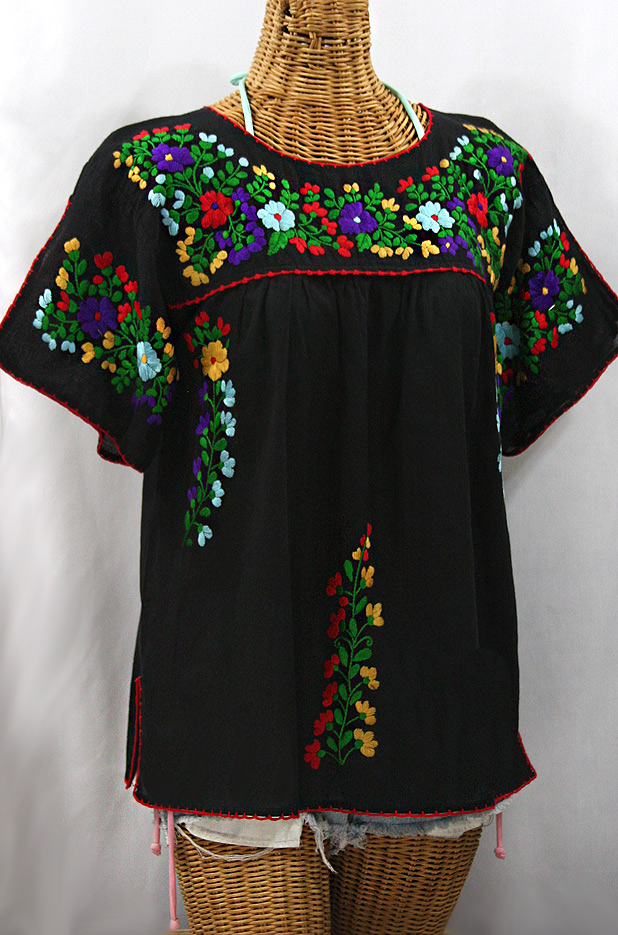 "La Lijera" Embroidered Peasant Blouse Mexican Style -Black + Bright Multi