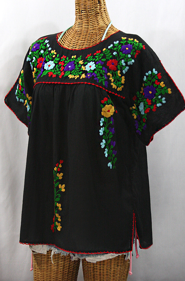 "La Lijera" Embroidered Peasant Blouse Mexican Style Black + Bright Multi