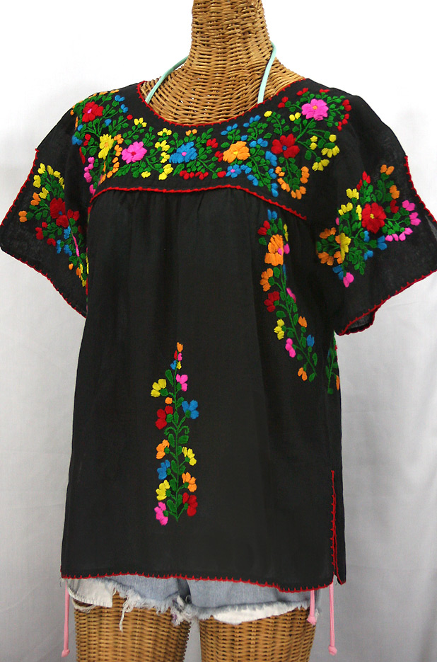 "La Lijera" Embroidered Peasant Blouse Mexican Style -Black + Rainbow