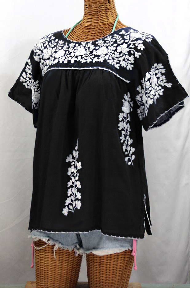 "La Lijera" Embroidered Peasant Blouse Mexican Style -Black + White