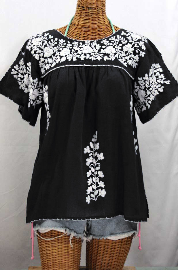 "La Lijera" Embroidered Peasant Blouse Mexican Style -Black + White