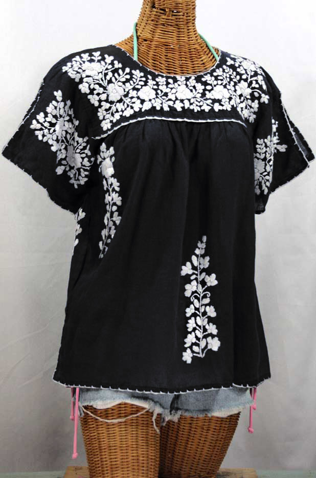 "La Lijera" Embroidered Peasant Blouse Mexican Style -Black + White