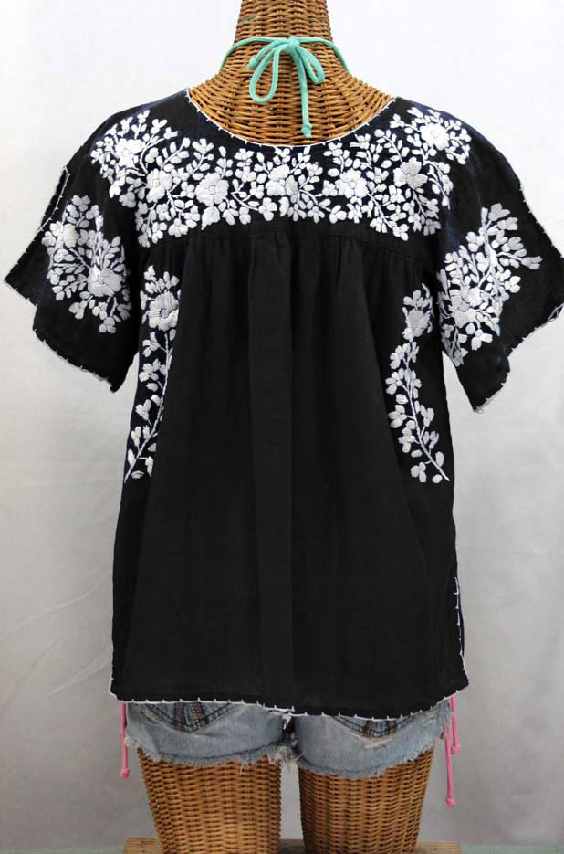 "La Lijera" Embroidered Peasant Blouse Mexican Style -Black + White