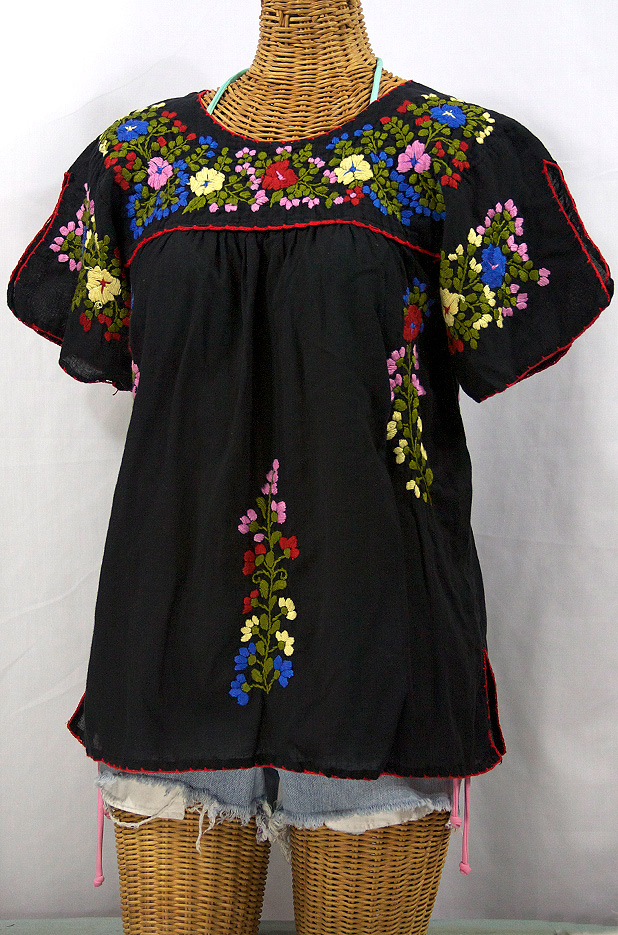 "La Lijera" Embroidered Peasant Blouse Mexican Style -Black
