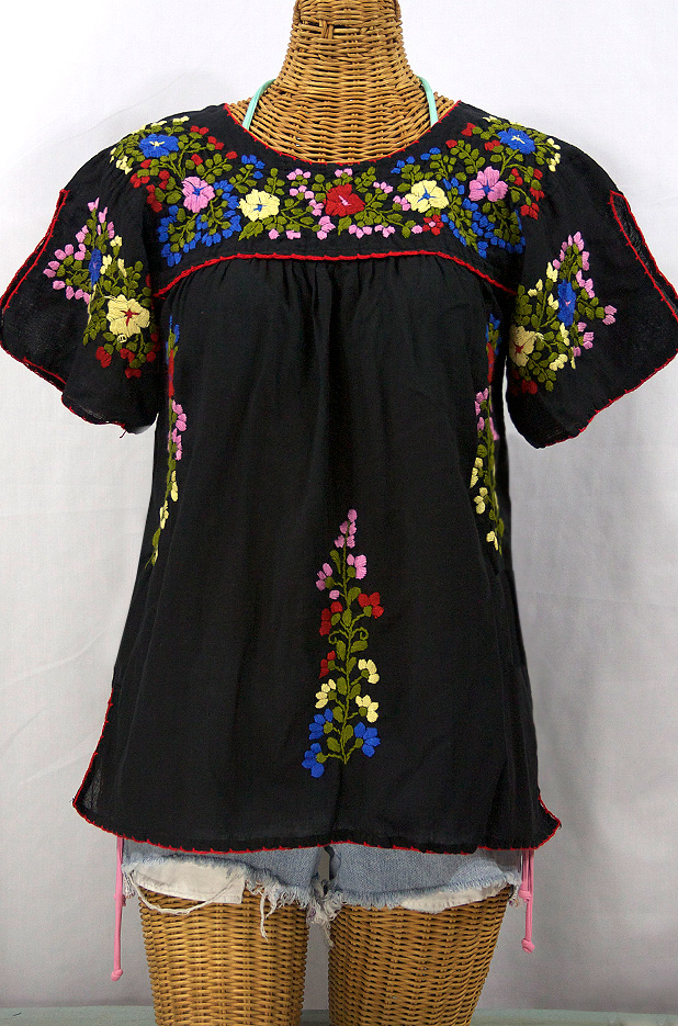 "La Lijera" Embroidered Peasant Blouse Mexican Style -Black