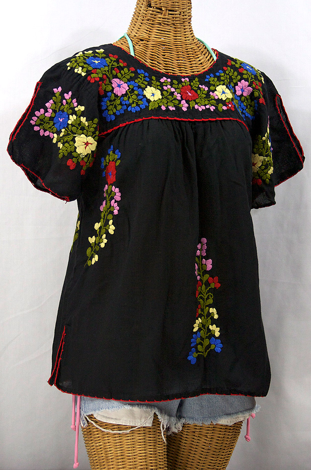 "La Lijera" Embroidered Peasant Blouse Mexican Style -Black