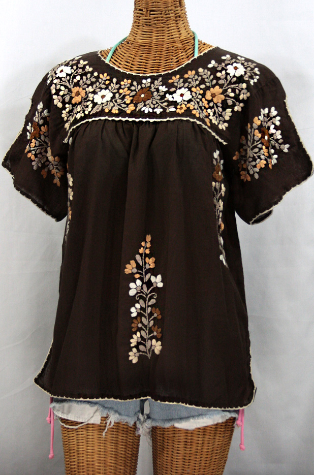 "La Lijera" Embroidered Peasant Blouse Mexican Style -Duo-Tone Brown