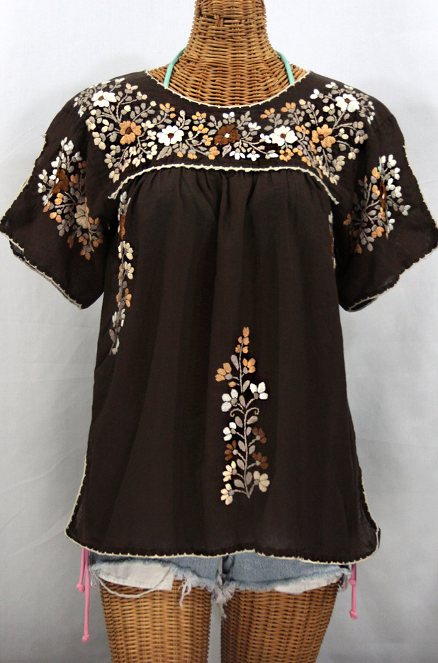 "La Lijera" Embroidered Peasant Blouse Mexican Style -Duo-Tone Brown
