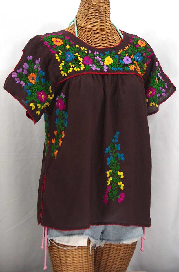 "La Lijera" Embroidered Peasant Blouse Mexican Style -Chocolate Brown + Rainbow