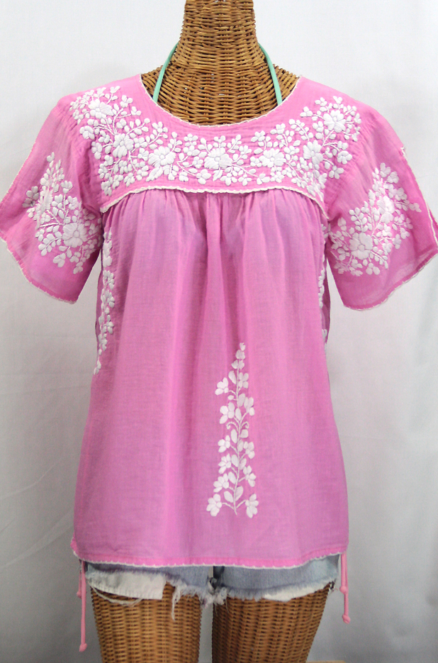 "La Lijera" Embroidered Peasant Blouse Mexican Style -Bubblegum + White