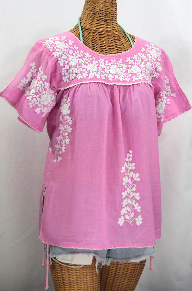 "La Lijera" Embroidered Peasant Blouse Mexican Style -Bubblegum + White