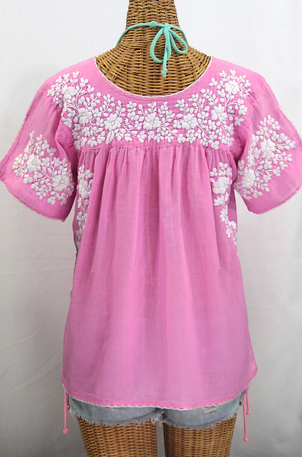 "La Lijera" Embroidered Peasant Blouse Mexican Style -Bubblegum + White