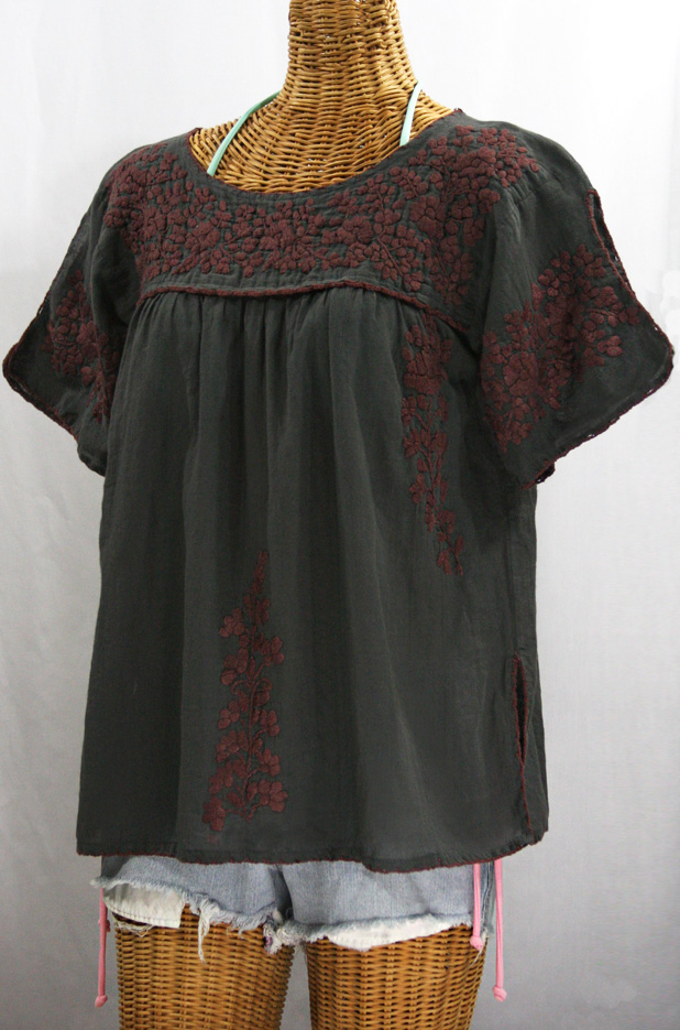 "La Lijera" Embroidered Peasant Blouse Mexican Style - Charcoal + Brown Embroidery