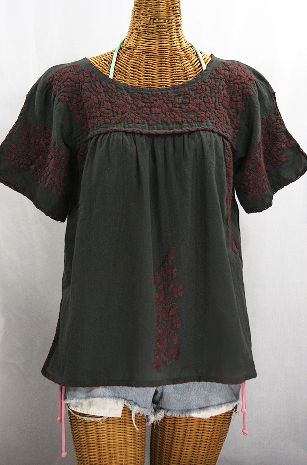"La Lijera" Embroidered Peasant Blouse Mexican Style - Charcoal + Brown Embroidery