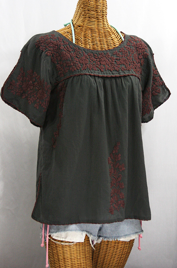 "La Lijera" Embroidered Peasant Blouse Mexican Style - Charcoal + Brown Embroidery