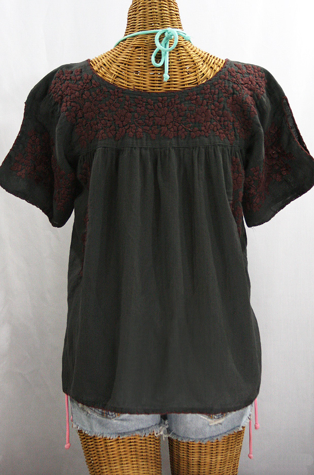 "La Lijera" Embroidered Peasant Blouse Mexican Style - Charcoal + Brown Embroidery