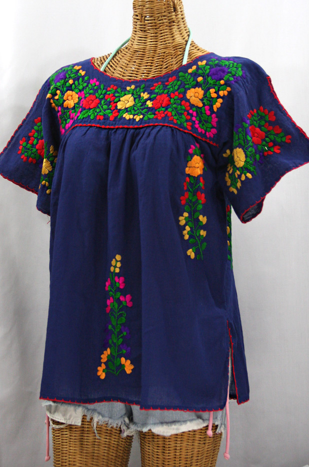 "La Lijera" Embroidered Peasant Blouse Mexican Style -Denim Blue + Jewel Multi
