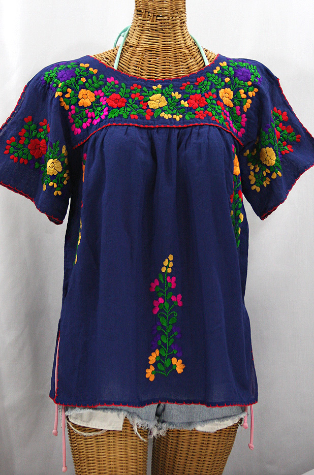"La Lijera" Embroidered Peasant Blouse Mexican Style -Denim Blue + Jewel Multi