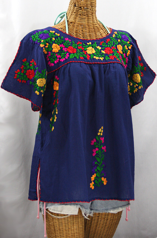 "La Lijera" Embroidered Peasant Blouse Mexican Style -Denim Blue + Bright Multi