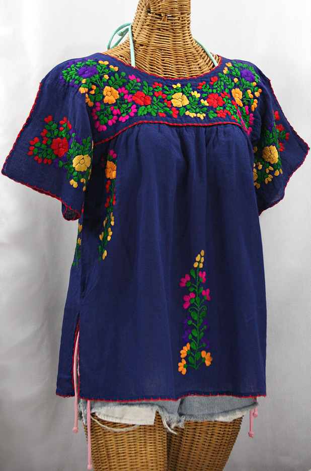 "La Lijera" Embroidered Peasant Blouse Mexican Style -Denim Blue + Jewel Multi