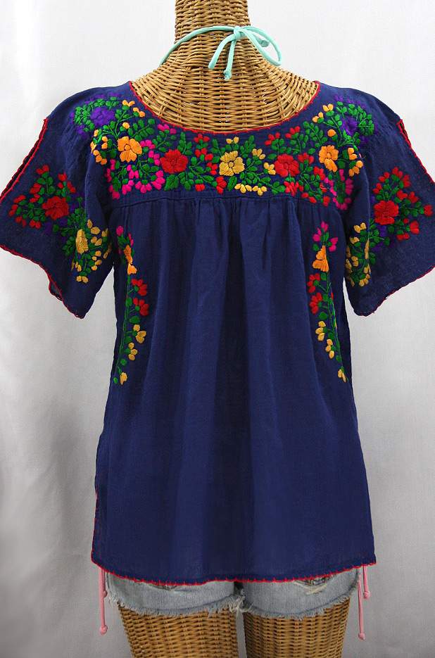 "La Lijera" Embroidered Peasant Blouse Mexican Style -Denim Blue + Bright Multi