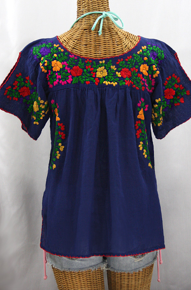 "La Lijera" Embroidered Peasant Blouse Mexican Style -Denim Blue + Jewel Multi