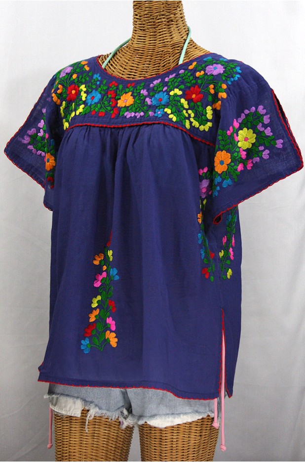 "La Lijera" Embroidered Peasant Blouse Mexican Style -Denim Blue + Rainbow