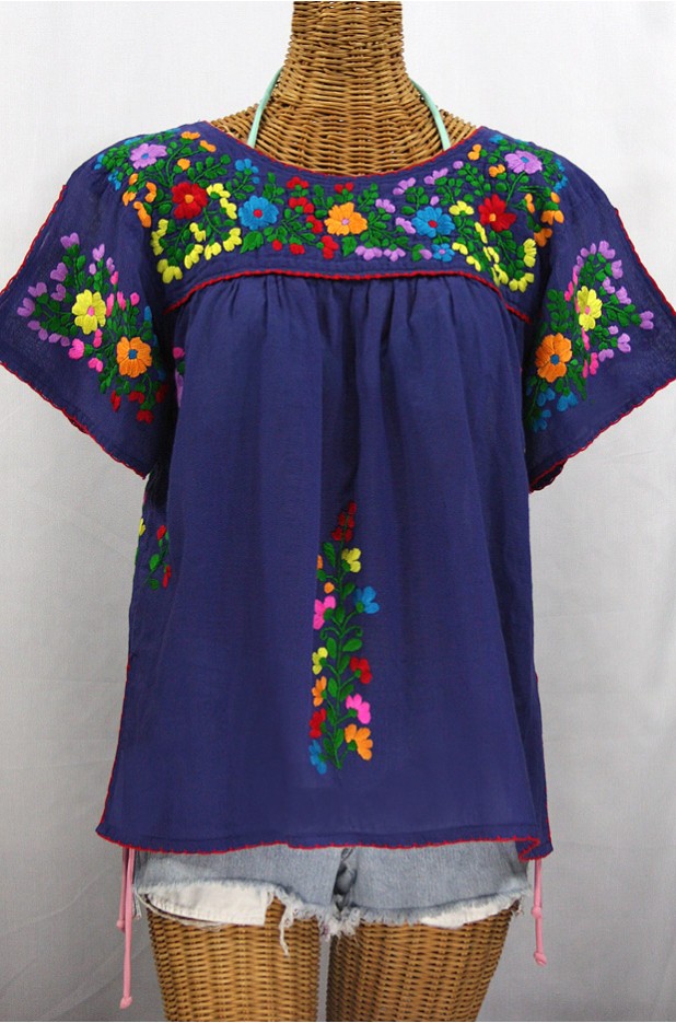 "La Lijera" Embroidered Peasant Blouse Mexican Style -Denim Blue + Rainbow