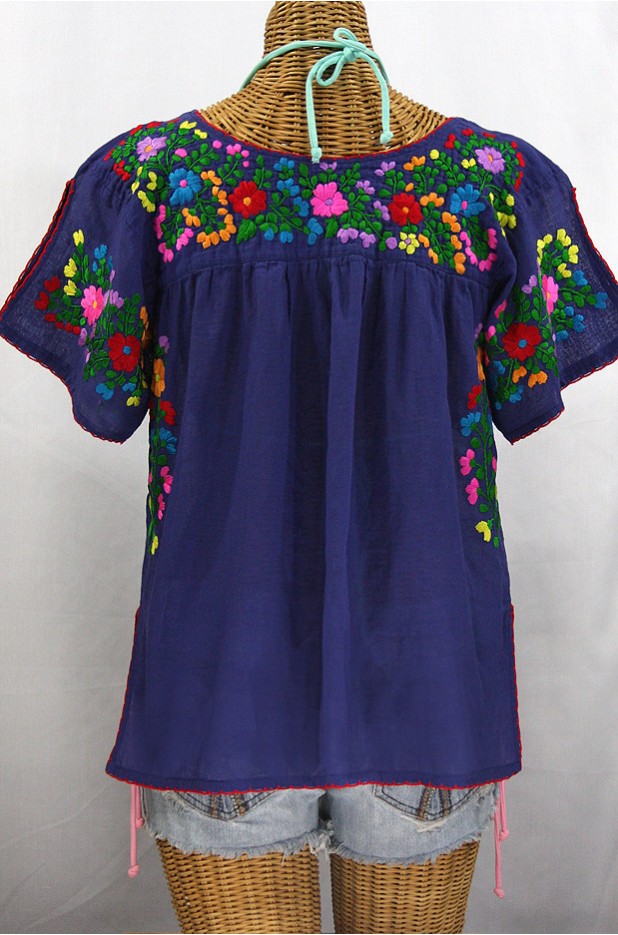 "La Lijera" Embroidered Peasant Blouse Mexican Style -Denim Blue + Rainbow