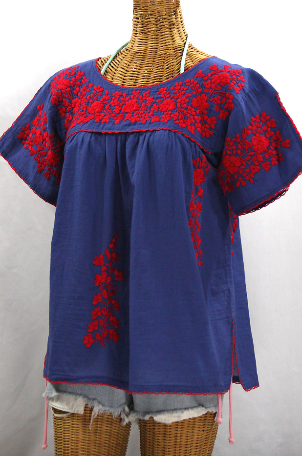 La Lijera Embroidered Peasant Blouse Mexican Style -Denim Blue + Red  Embroidery