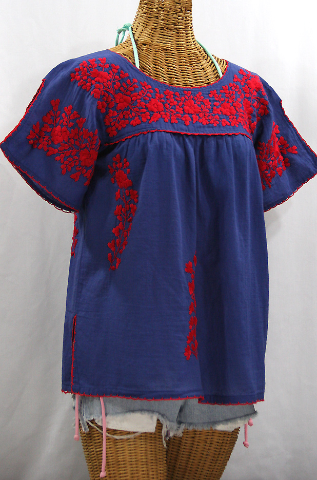 "La Lijera" Embroidered Peasant Blouse Mexican Style -Denim Blue + Red Embroidery