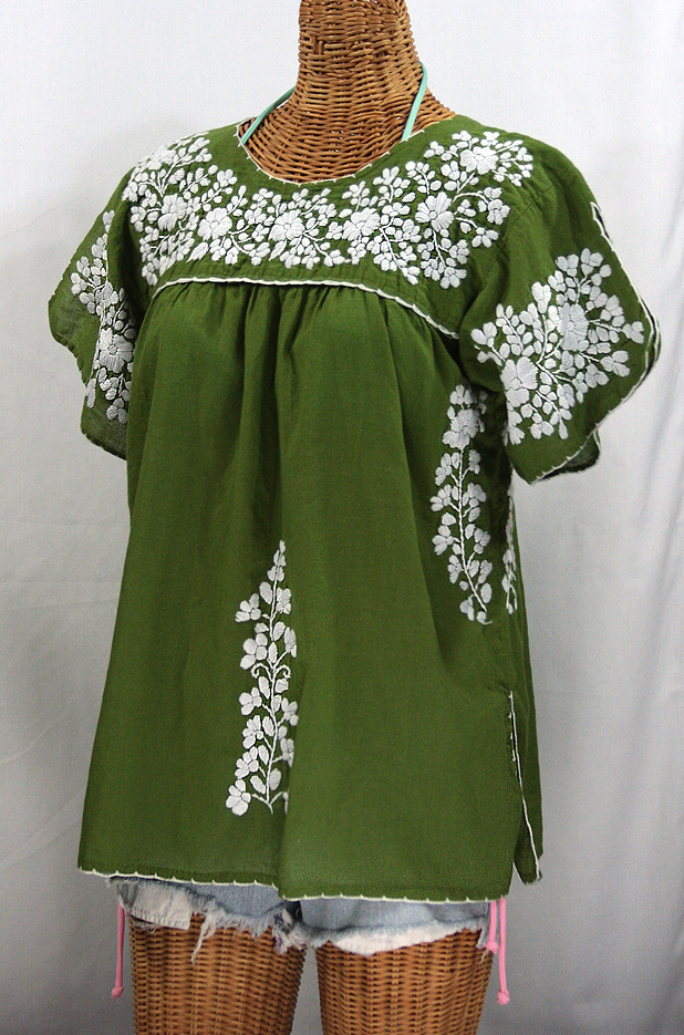 "La Lijera" Embroidered Peasant Blouse Mexican Style - Fern Green + White