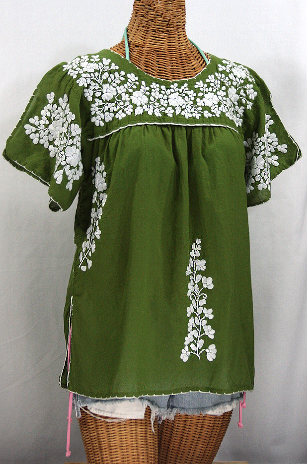 "La Lijera" Embroidered Peasant Blouse Mexican Style - Fern Green + White