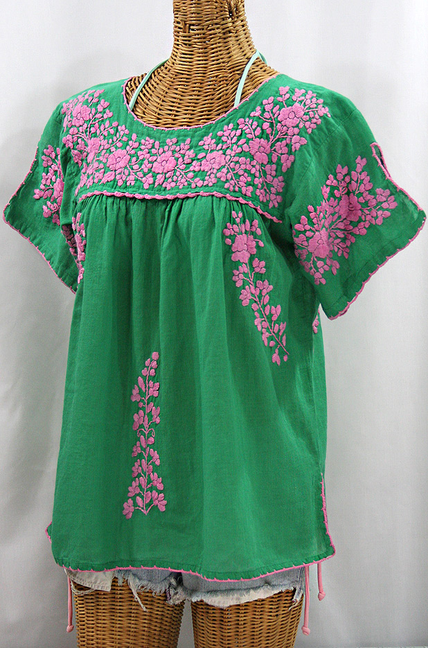 FINAL SALE -- "La Lijera" Embroidered Peasant Blouse Mexican Style - Green + Pink