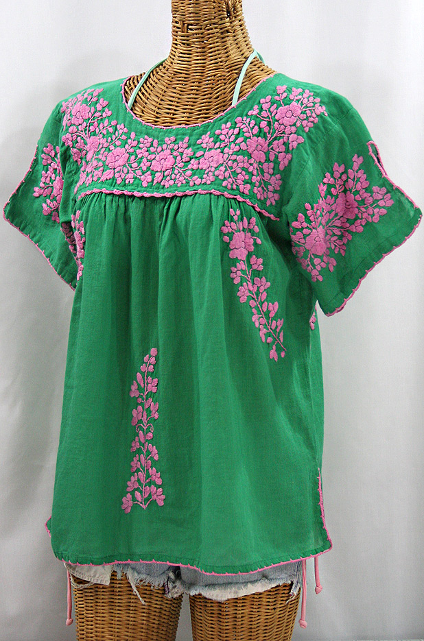 "La Lijera" Embroidered Peasant Blouse Mexican Style - Green + Pink