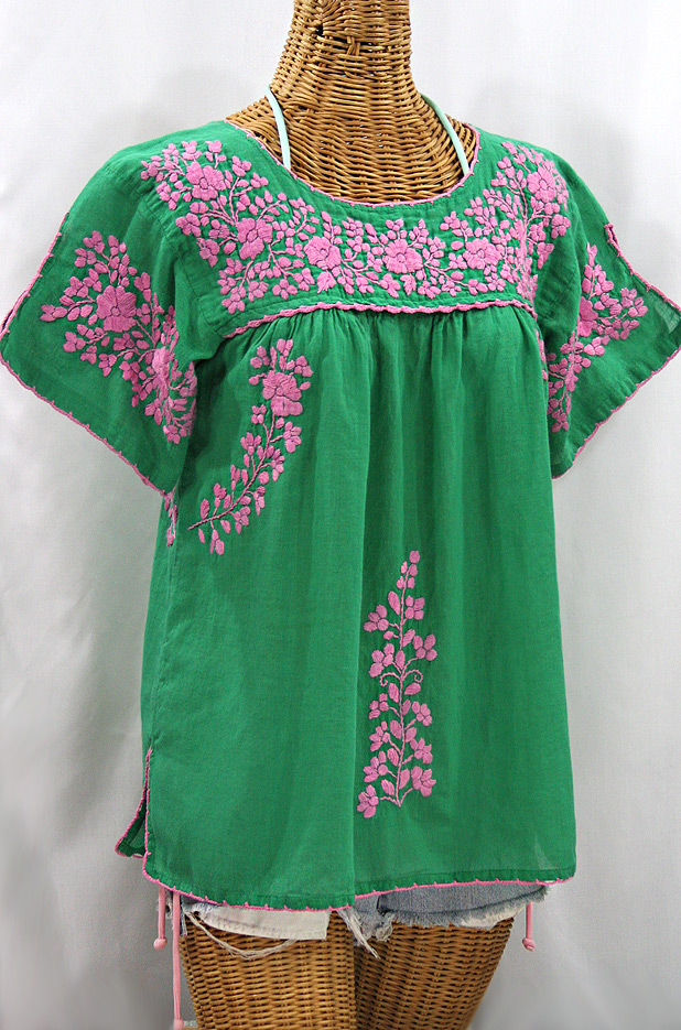 FINAL SALE -- "La Lijera" Embroidered Peasant Blouse Mexican Style - Green + Pink